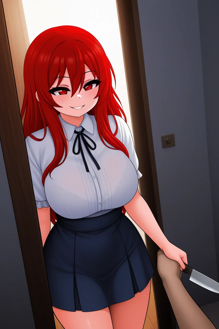 beautiful fit anime woman, very long auburn hair, blue blouse, black skirt, bedroom, standing, large breasts