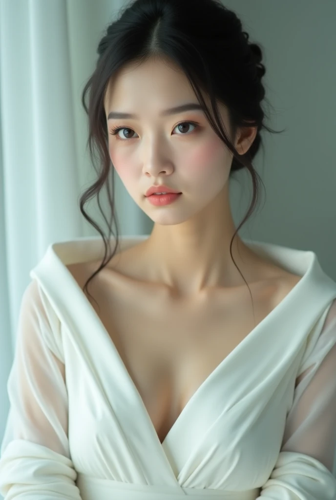 (masterpiece, Highest quality:1.4), Award-winning full-body photography, 8k, 85mm, alone, Beautiful Face,14 Talents、Nude photoshoot、 necklace、Great style、Cute face like a Japanese idol、Standing next to the bed、Delicate woman, 、Beautiful Eyes、Beautiful clavicle、(((Topless)))、Cute hairstyle、Shapely breasts、Blushing and embarrassed