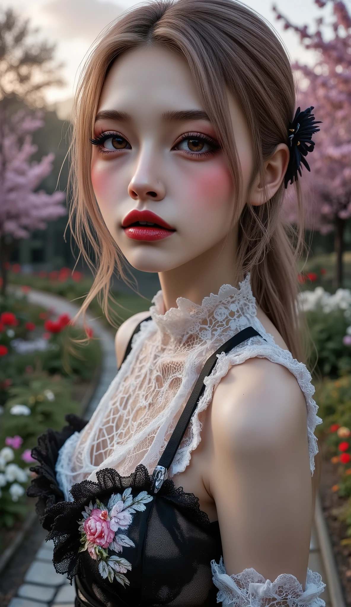  [Style: "masterpiece, realistic (Photorealistic realism), Hyper high resolution, (ultra quality, intricately detailed digital art), focus on extremely Realistic Proportion Body"] (Key Directive: - "The priority is the anatomical accuracy and texture of the materials" - "Ultra-sharp human eyes with biological accuracy") { Character: "20-year-old Caucasian woman" | Face: "full lips, red lipstick, intense gaze" | Eyes: - "((sharp focus, no blurry eyes, Hyper absurd quality, Hyper details, Hyper realistic brown eyes:1.4))" - "((extra narrow eyebrows))" - "(Carefully draw Long blue_mascara:1.2)" - "(perfect round eyes)" Attire: [Top: "White mesh lace bodycon dress[(Dolce & Gabbana, Embroidered floral lace style:1.26), (elegant fashion, intricate details:1.28)[Bottom: "Gothic punk style ruffled black skirt ((Intricately decorated, multi-layered lace with black spiderweb:1.3))(fluorescent embroidered lace texture, shine and shine:0.6)"] Environment: "garden street at sunset (((rain-slick cobblestones), colorful flowers, cherry blossoms))" | Lighting: - "Cinematic clarity and global illumination")(Post-Processing: "Specifications: (DPF: "deep, f/1.8, distinct garden in the background") (Post-production: "chromatic aberration: 0.7") (Rendering engine: "Unreal Engine 5 path tracing, 16K texture maps") (Rendering engine: "Unreal Engine 5 path tracing, 16K texture maps") The ultra-Highres,Unreal 5,Subsurface scattering,PBR Texturing,Post-Processing,Anisotropic Filtering,depth of fields,Maximum Sharpness and Sharpness,multi-layered texture,Albedo and Specular maps,Surface Shading,Precise simulation of light-material interactions,perfectly proportions,Octane rendering,Two-tone illumination,Wide Aperture, low ISO, white balance, The rule of thirds }