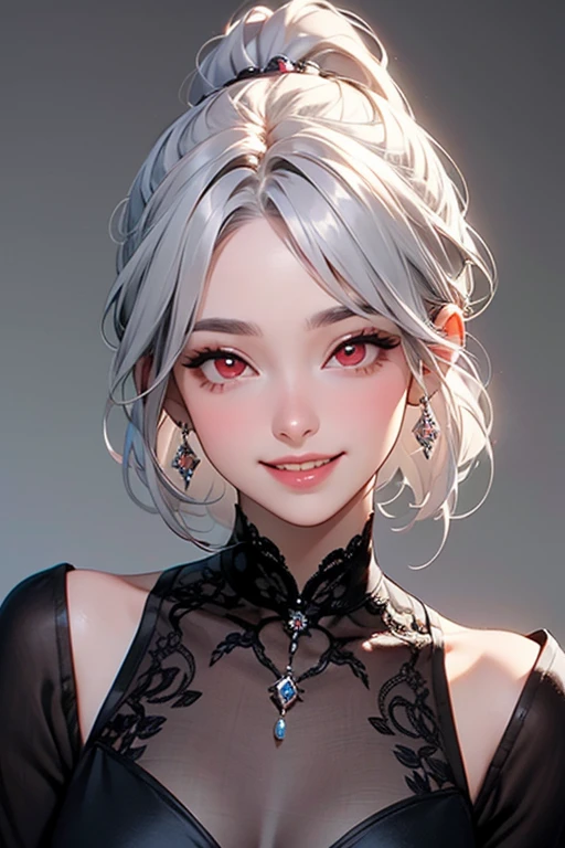 (masterpiece, best quality:1.4), 1 girl, 独奏, Blood red pupil, Delicate pupils, Blurred eyes, Close your left eye, Smile,Tilt your head back 45 degrees, Right tear mole, (White coiled hair:1.2),  Shiny hairstyle, huge breasts, Mini Girls, Backlight, Rainy Day, Black Tulle Tulle Dress, Works by top portrait painters, Black and white gradient background.
