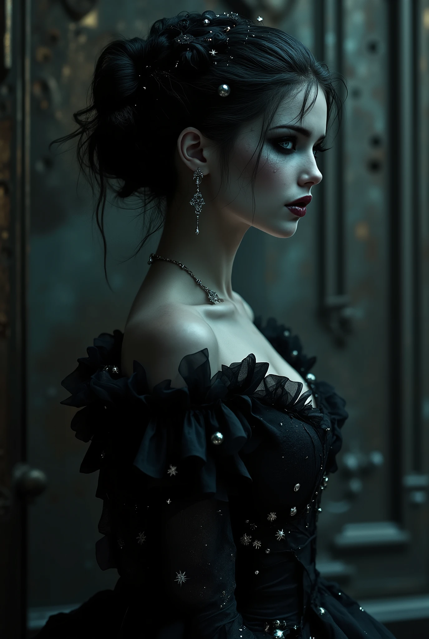 An Award-Winning Masterpiece (photorealistic), photograph, vogue. Victorian Noir: “A Victoria’s Secret model in a Victorian-inspired dress with a dark twist. Her hair is styled in a sleek, mysterious look, and her makeup features celestial darkness with star motifs.”
                             (((metallic ominous war))) [in the style of Anna Razumovskaya and Clovis Trouille:0.4] ral-dissolve, surrealist fantasy, with a Maximalist Style. figure complète hyperréaliste, vetement style musique electronique, ultraRéaliste, hypermaximaliste, Moteur irréel, POINTU, détaillé, méga réalisme, 4K, or 8K, Réaliste, hyperRéaliste,