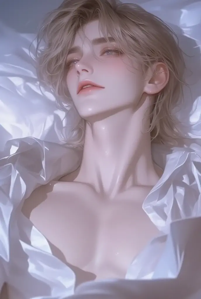 Sleeping Hypnos - God of Sleep. young man, 18 years. Hovering in the air. Sleeping position. white disheveled hair, naked body covered with transparent haze. atmosphere of ancient Greece. night.