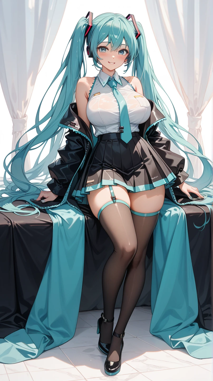 from below, (black thighhighs), showing foot to viewer, (foot focus), (presenting foot), looking at viewer, from below, (((hand on own thigh))), eyelashes, (pale skin:1.4), anime style, masterpiece, 8k, sharp details, 1girl, solo, light blue hair, full body black dress with skirt, mature female, medium breasts, black side twin hair ribbon, brown eyes, long hair, sleeveless, closed mouth, crossed legs, smile, sitting