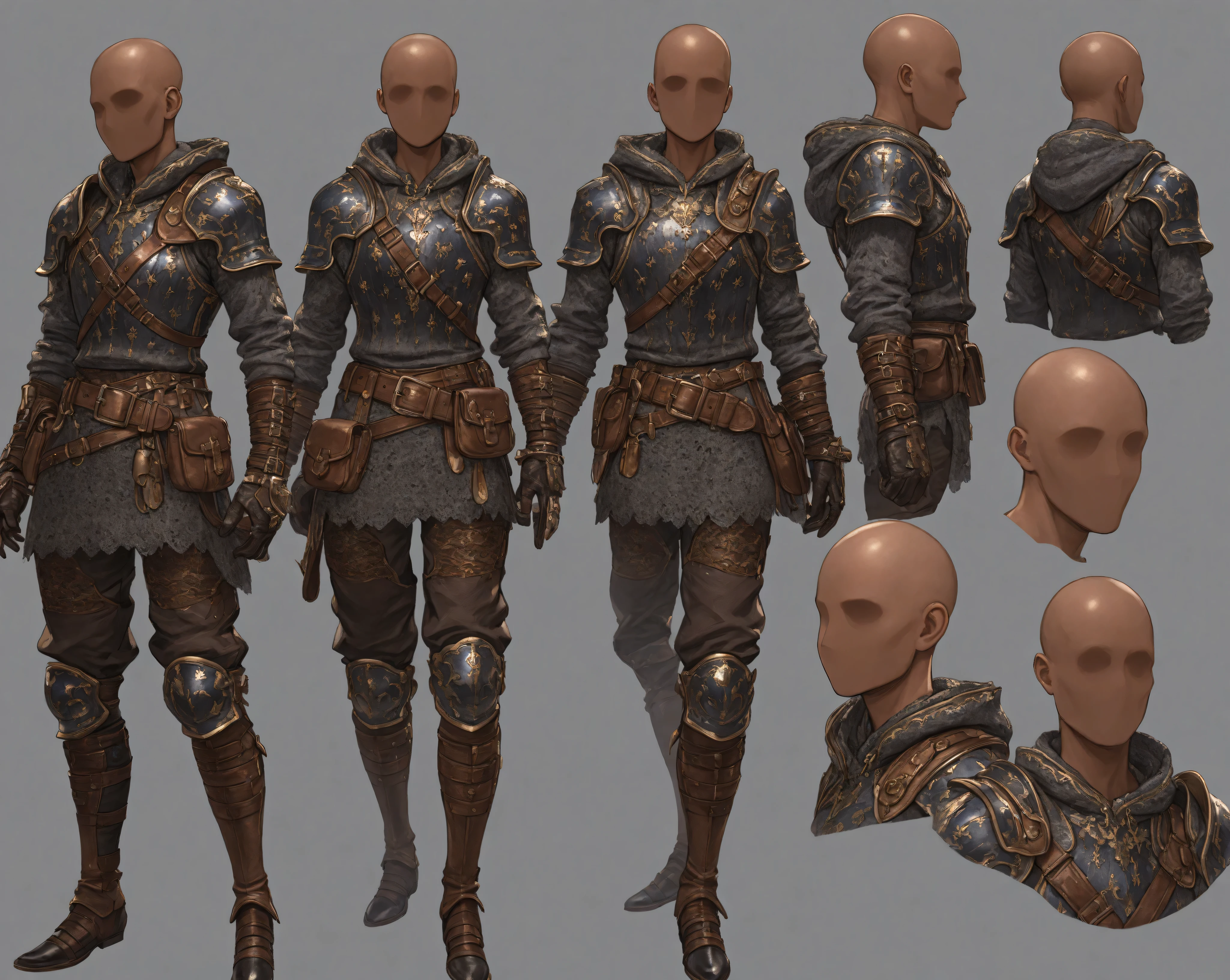 (best quality:1.2), masterpiece, ray tracing, hdr, volumetric lighting, anime coloring, fisheye, juicy lips, 1man, grey simple background:1.2, ((bald head, no face, dark-skinned, concept art)), absurdres, newest, intricate details, (fantasy outfit: black Brigandine armor, over a lace hoodie, wrist chainmail, gloves, belt with pouch, pants), front and backside, character sheet