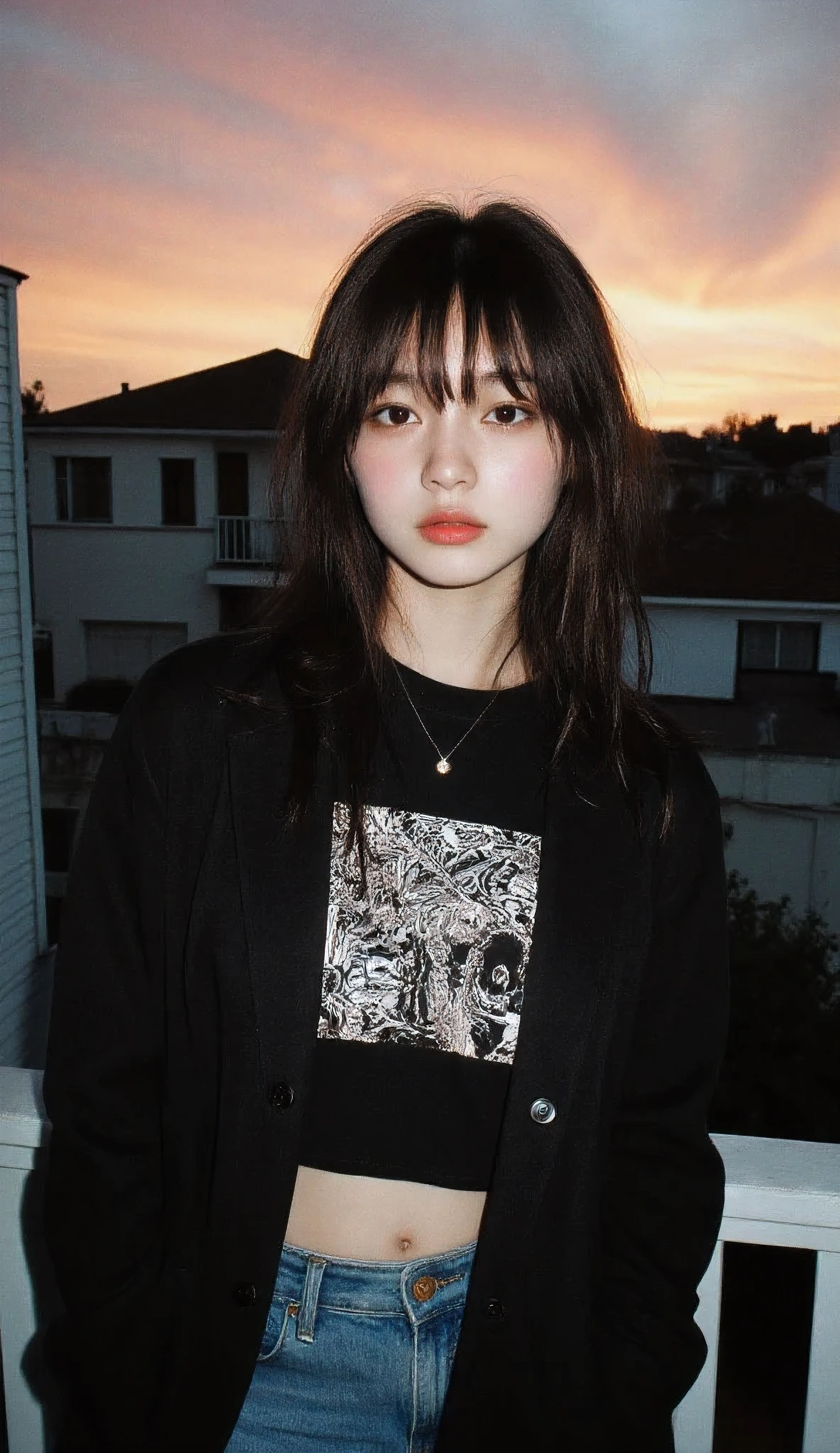 Aesthetically pleasing sunset, Cute sexy girl wearing a t-shirt and jeans, large and prominent breast showing her cleavage and pokies, Ultra HD portrait, exquisitely beautiful and detailed Photorealistic portrait, Suburban setting houses and shops in the background , Enormous breasts , (aesthetically pleasing cinematic composition and dramatic lighting) (Sexy adorable korean goth girl) Beautiful amber skies (Large and prominent perky breasts) , Aesthetically pleasing cinematic composition, epic perspective, dramatic lighting and shadows, symmetrical and detailed, Cute girl with large perky breasts in a black and white geometric print shirt and jeans with jacket at the veranda at her home during evening (Hard flash photography)