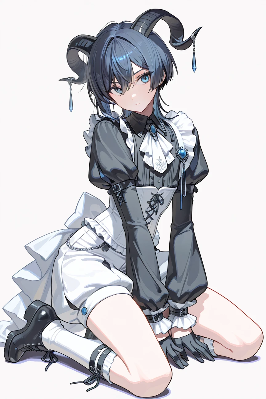 A teenage male with very white skin, black hair with blue streaks on one side and a cute face wearing a maid dress and big thighs