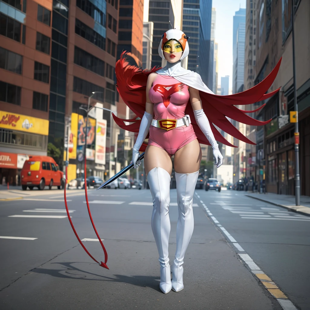 a girl in a gatchaman outfit, white long gloves, white long boots, beautiful detailed eyes, beautiful detailed lips, extremely detailed eyes and face, long eyelashes, thick vertical striped pants, shopping in a busy street, medium: illustration, (best quality, 4k, 8k, highres, masterpiece:1.2), ultra-detailed, (realistic, photorealistic, photo-realistic:1.37), vibrant colors, dramatic lighting, cinematic composition, Hi3JTS, giga_busty,breasts