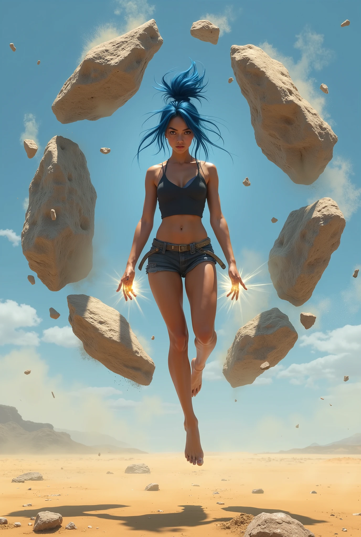 It depicts a young woman with intense blue hair tied in a messy bun, floating in the air in a meditative position. Her gaze is focused and determined, with furrowed eyebrows and an aura of power surrounding her. She is wearing a black top and short pants, revealing her toned legs and arms. Her posture is serene, with her legs crossed and her hands positioned in a gesture of focus, with an energetic glow emerging between her fingers. The surrounding environment is a vast desert, with yellowish and earthy tones on the ground, and a clear blue cloudless sky. Behind the young woman, huge pieces of stone levitate and form a circle, as if controlled by her energy. Small fragments of earth and rock also float around her, reinforcing the idea that she has telekinetic or mystical powers. The composition of the image conveys a sense of strength and balance, combining elements of fantasy and science fiction. Soft lighting highlights the details of the character and the environment, while the movement of the stones and dust on the ground creates a dynamic and impactful effect.