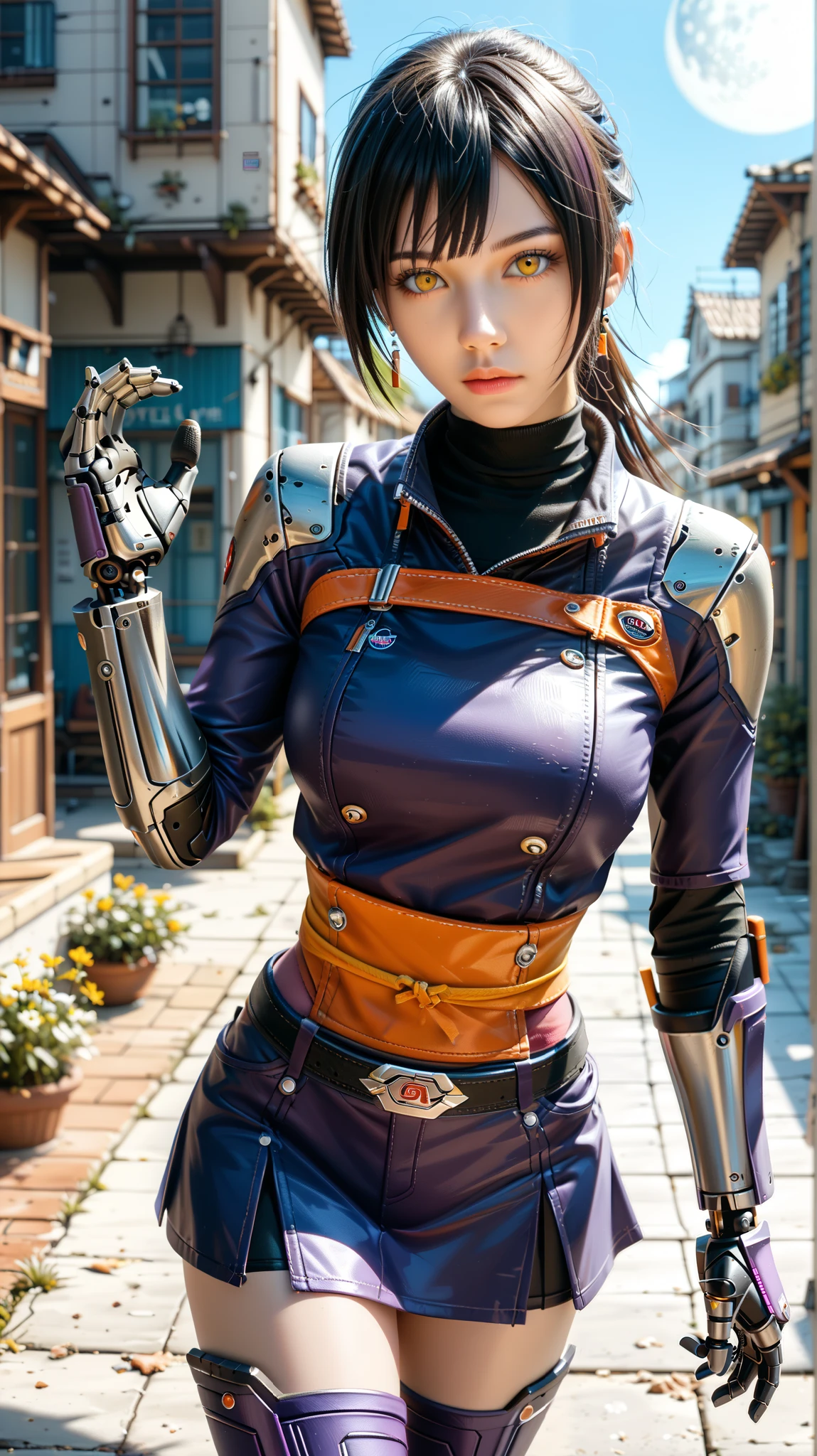 (Muscular:3), (thick thighs:2.6),
(japanese female, pale skin, black hair:1.5), (adult), beauty mark,
(earrings, eyeshadow, lipstick:1.3),
detailed eyes, (big smile:1.7), detailed skin, (long ponytail, blunt bangs:1.6),
(small breasts:3), (hard nipples:1.3),
(long scarf, skintight navyblue romper, utility belt, fingerless gloves, cleavage:3),
(upper body view:1.5), (looking at viewer), (three quarter view:1.5),
(abandoned japanese village), (nighttime), rim lighting, two tone lighting, dimly lit, bokeh