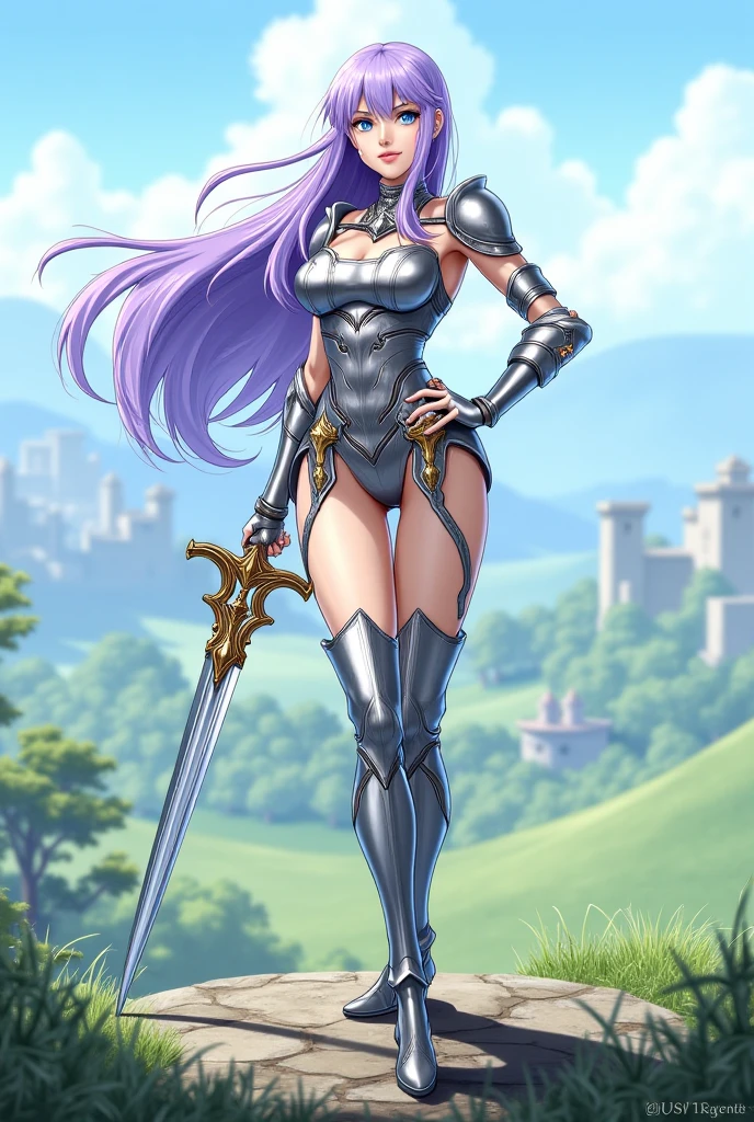Masterpiece, 1woman, blue mini dress, shoulder pads, cleavege, perfect body, perfect breasts, long hair, violet hair, wing headpiece, gloves, black gloves, full gloves, armored gauntlet, armored boots, golden boots, blue eyes, greece, temple, outdoor, day, standing, full body, looking at viewer, Granblue Fantasy style