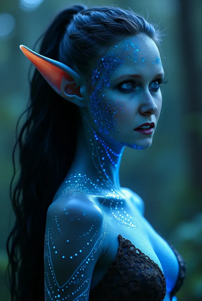 A stunning, hyper-realistic portrayal of an alien creature by Esao Andrews. The fish girl is depicted with a slender, bioluminescent body, adorned with multi-colored neon dots that glow brilliantly. Her transparent skin reveals her intricate internal structure, and her small, round appendages serve as arms, gently embracing her otherworldly fish-like face. Esao Andrews' unique artistic techniques create an atmosphere of wonder and mystique, drawing the viewer into the captivating world of this enigmatic creature.