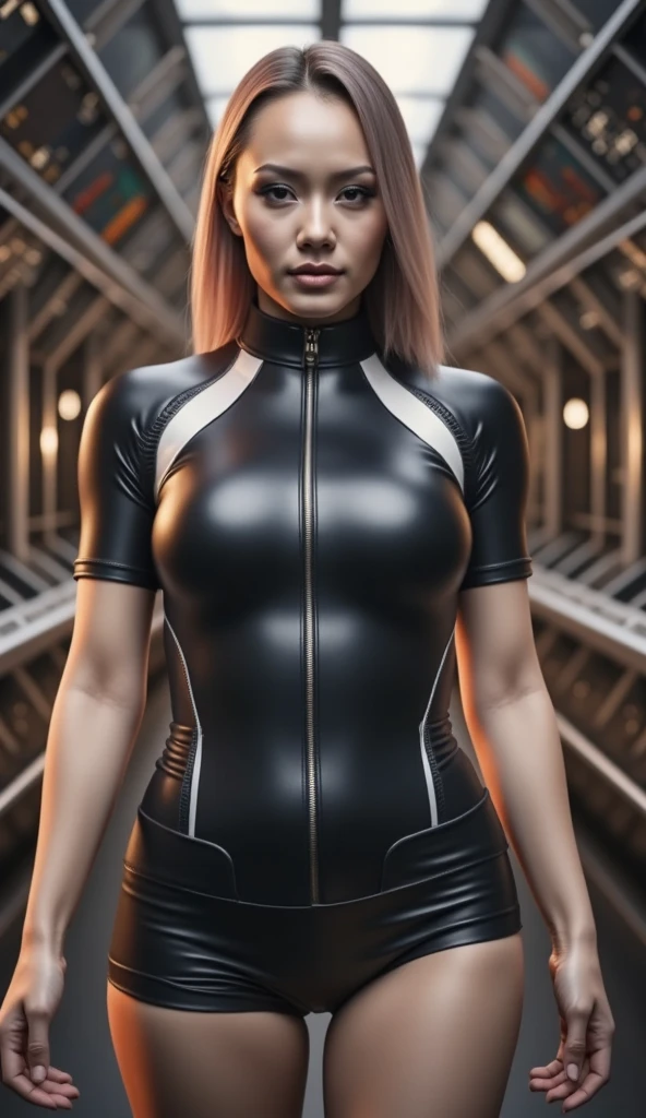 ((beauty, which orange spans the iron bar)), ((wears a top)), small breasts, studded collar, Beautiful girl with accentuated slender abs: 1.4, Sixpack Bauchmuskeln: 1.4, Bust Botox, Foto, Sharpness, Unikat 850 4, Koda850 k portrait camera, Formel 1.6 Linsen, Ultra-realistische Texturen, spectacular light textures, Cinestil 800 Modemechanik, (Futuristische Sci-Fi-Kampfmode, Ellbogen- und Knie-Cyberpad, Cyber Lange Stiefel,