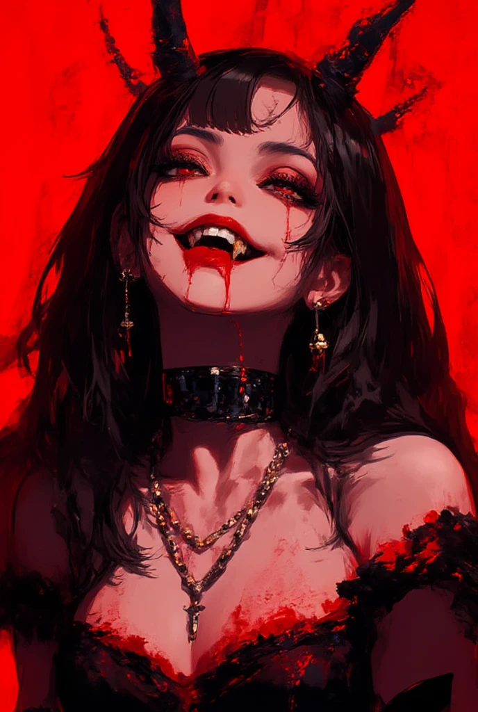 a portrait of a female vampire eating a (bloody cherry: 1.3), an exotic exquisite beautiful female vampire, dynamic hair color, wavy hair, dynamic eyes color, (glowing  eyes: 1.1), intense eyes, wearing glamour silk dress, intricate detailed dress, dynamic color dress, dynamic style dress, (eating  a large cherry soaked with blood: 1.3), blood dripping from the cheery,  whipped cream,  dark fantasy pastry shop background,  vibrant, Ultra-high resolution, High Contrast, (masterpiece:1.5), highest quality, Best aesthetics), best details, best quality, highres, 16k, [ultra detailed], masterpiece, best quality, (extremely detailed) RAW, (ultra details, Masterpiece, best quality),   Dark Art Painting Style, Intense gaze, blood, Cinematic Hollywood Film, art by mooncryptowow
