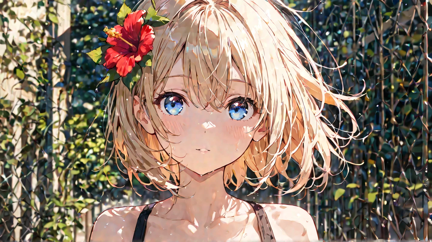 Profile of a cheerful blonde short-haired girl, side boob exposed