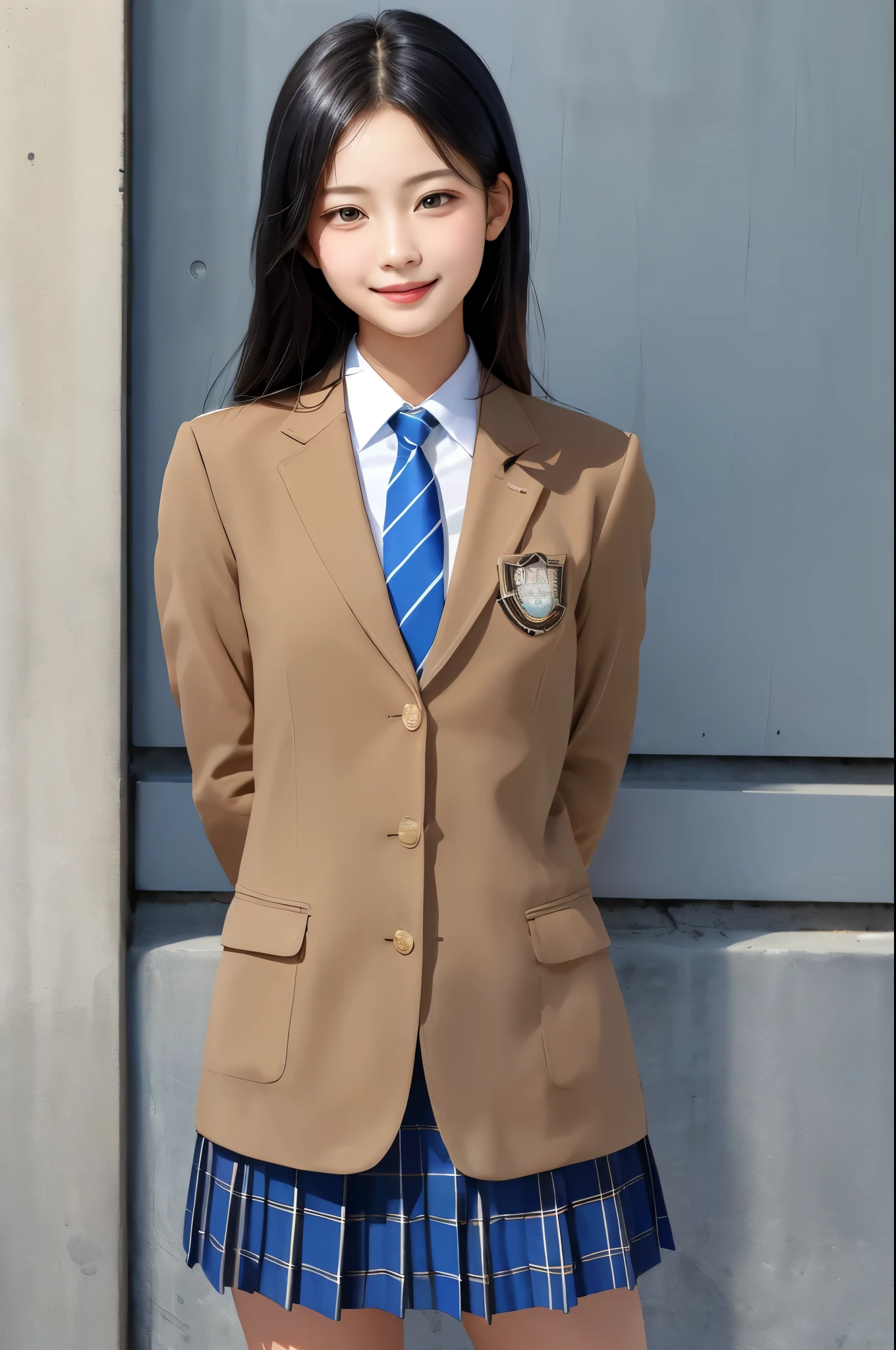 masterpiece, best quality, absurdres, perfect anatomy, realistic, 1girl, solo, high school student ,black hair, school uniform, camel blazer,buttoned blazer, blue striped tie, blue checkered plaid skirt, thigh,standing,arms behind back ,school outdoor , closed mouth,from front, glossy lips, cowboy shot ,smile