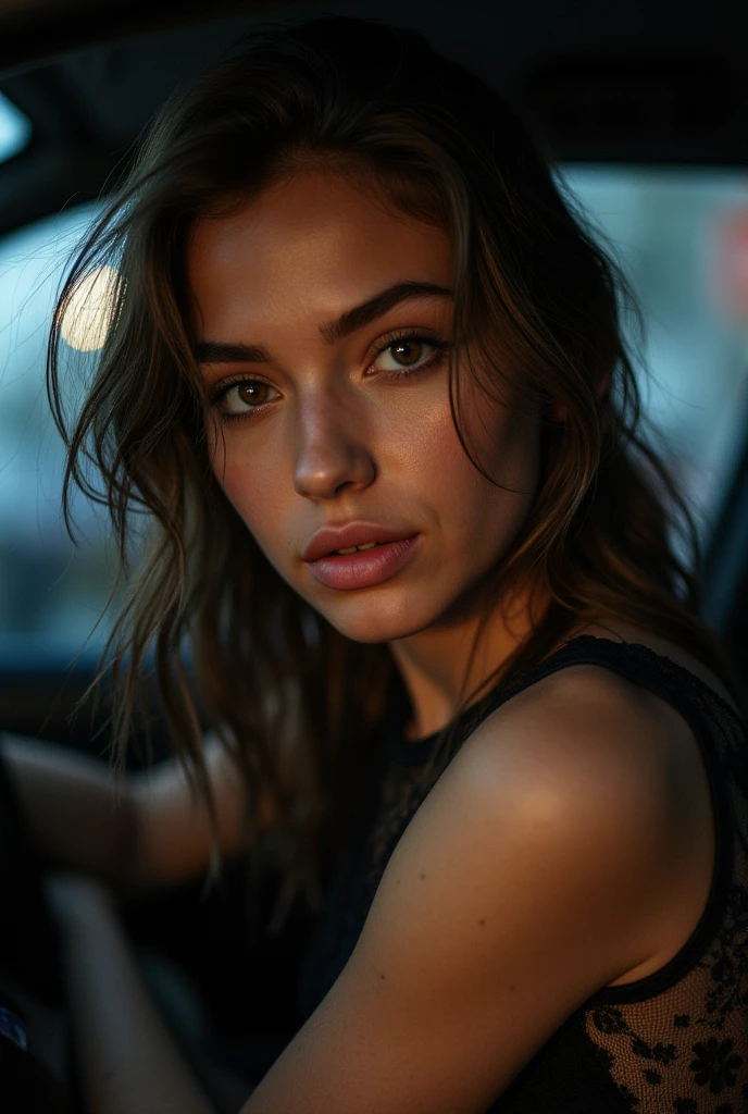 a beautiful girl in a tight dress posing next to a superdeportive car, hyper realistic, 8k, cinematic lighting, detailed facial features, photorealistic, volumetric lighting, dramatic shadows, highly detailed, intricate details, stunning, exquisite, flawless skin, elegant pose, impeccable fashion, glossy car paint, smooth metallic reflections, depth of field, cinematic framing