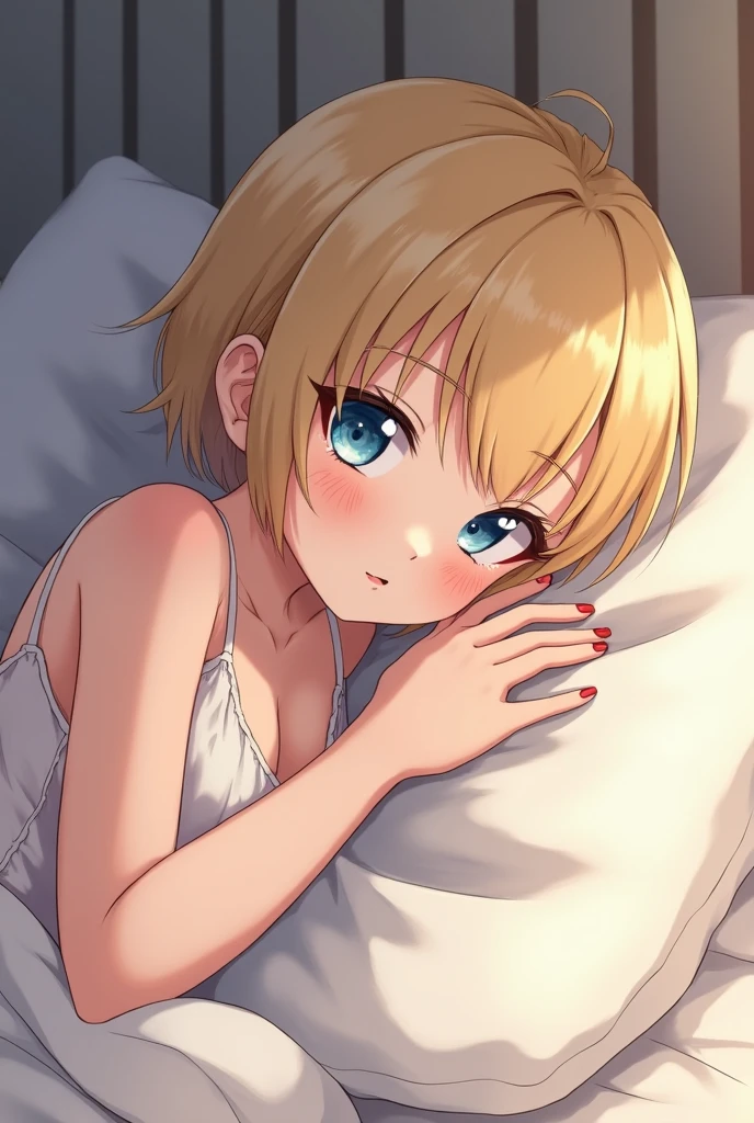 ((Highest quality)), ((masterpiece)), (detailed), A large amount:1.2),extremely detailed cute anime face, (((Flat Chest))), (Flat Chest:1.1),((((Short Bob Hair)))),Complex eyes,beautiful detailed eyes,Symmetrical eyes,(((detailed face))),beautiful detailed lips, If you look at this, (((Embarrassing))),(emotional expression),(My heart is pounding with anticipation.), A translucent white dress reveals her skin、String panties,One hand in front of mouth in the Faraday sign,Filling condoms,Eat used condoms,Sitting on the bed,White liquid spills from mouth,White liquid dripping from hands,Ultra Wide Angle