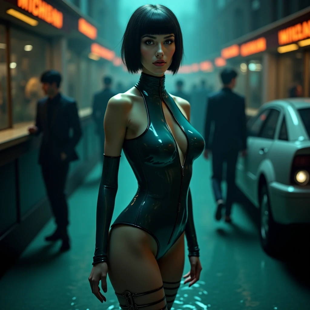 Photo of a sexy girl with transparent green latex dress, young, short skirt, wet hair, DSLR photo, raw photo, (blurry:1.2), (close-up:1.3), eyes, (close up:1.3), dancing mad max raiders crowd in background, magenta light, dark, 8k, contrast, detailed, intricate, UndergroundClub, indoor, hard shadow, masterpiece, best quality, neon sign, wet hair, jacket, high resolution, transparent fabric <lora:UndergroundClub:0.5> , fit girl, ripped body, medium breasts, big ass, bob short Layered hairstyle, (Asymmetrical Bangs),