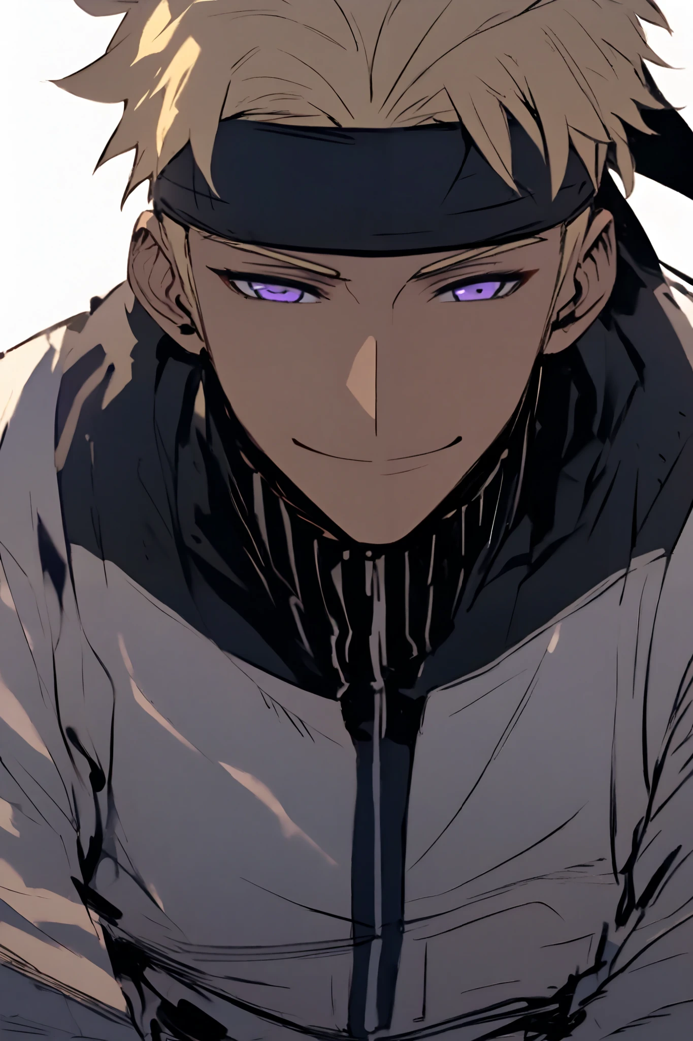 Athletic handsome man in futuristic fantasy clothes, Black headband, black bandana headband, short blonde hair , purple eyes, tan, white jacket, black pant, intricate pencil sketch, un-zoom, highly detailed, white background, upperbody , Head tilted, head tilted , arms crossed, upperbody , upperbody , smiling