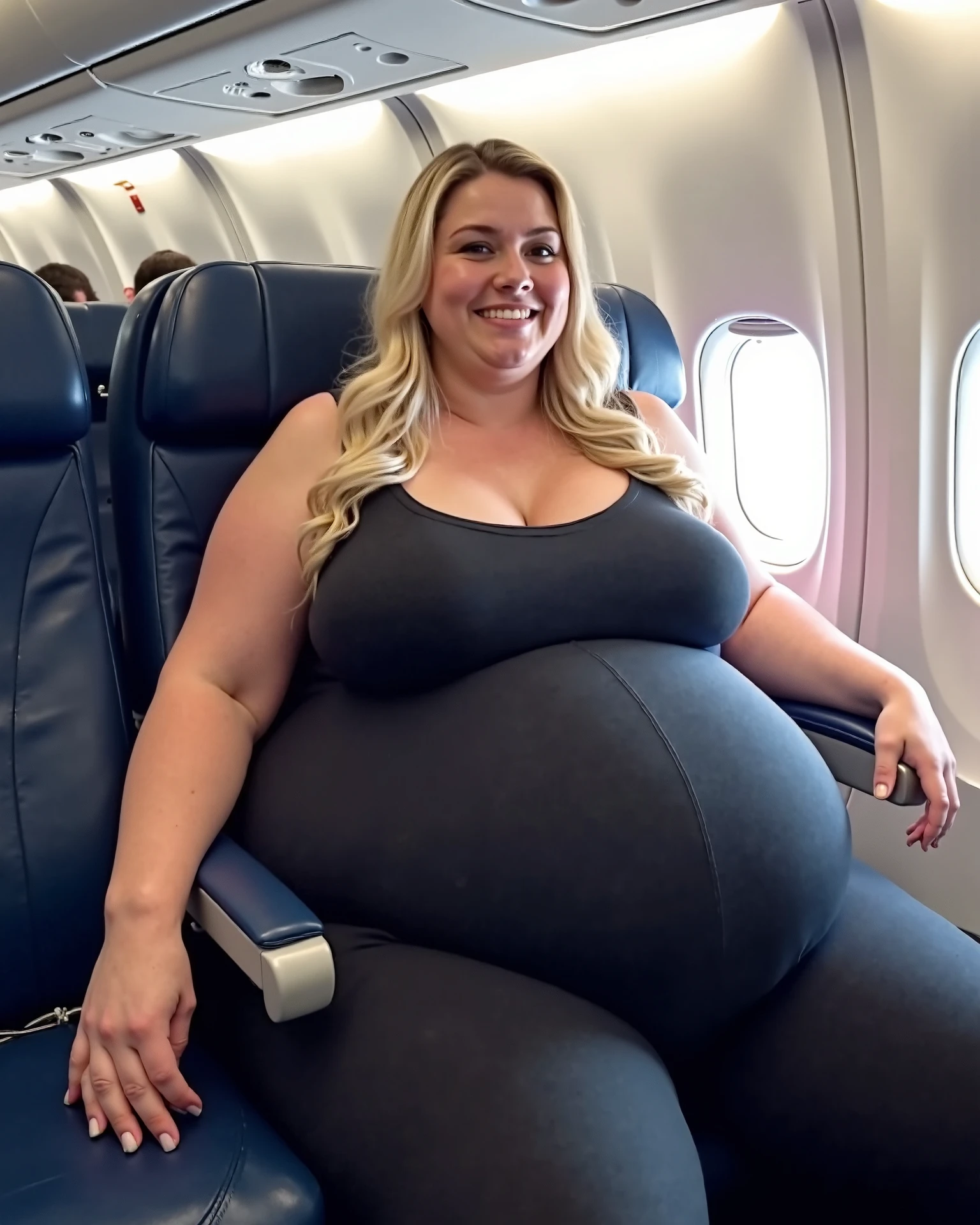 ((in the beginning)), Beautiful girl, model body, big blue eyes, , long legs, medium hoop earrings, flight attendant uniform sexy, Filmed from above, Very white skin, pregnancy,long hair, wavy hair, blonde hair , Cabin in the woods, realistic, indirect lighting, volumetric lighting, ray tracing, very detailed, best quality, ultra high resolution, nffsw, 8K, heavy volumetric fog