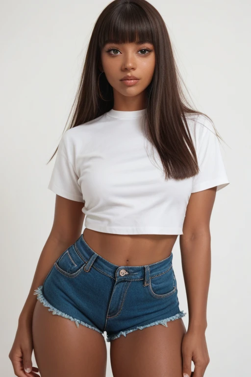 Black teenage girl, 17 years old, wearing blue jeans shorts with hot legs