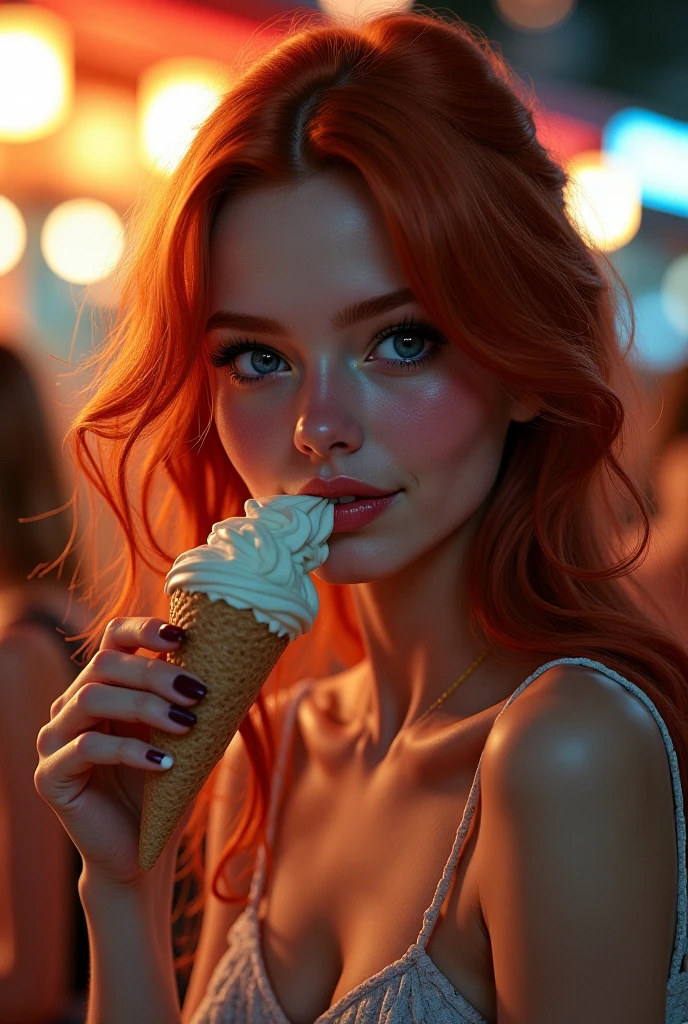 Une femme rousse sexy, au charme ensorcelant, déguste une glace avec une sensualité délibérée. Ses cheveux flamboyants, d'un rouge profond et brillant, encadrent son visage, tombant en mèches douces sur ses épaules. Elle est vêtue d'une tenue estivale, peut-être une robe légère qui met en valeur sa silhouette élancée et ses courbes naturelles. Elle tient la glace avec délicatesse, et son regard séduisant, se pose sur l'objet de son plaisir. D'une langue habile et délicate, elle lèche la glace, savourant chaque instant avec une lenteur étudiée. Ses lèvres pulpeuses capturent la crème glacée, laissant une trace subtile qui fond rapidement sous la chaleur de sa bouche. Ses yeux mi-clos et son sourire à peine esquissé trahissent le plaisir qu'elle prend à ce jeu, rendant la scène encore plus envoûtante. Autour d'elle, l'atmosphère est vibrante, chez elle par une journée ensoleillée, mais tout semble se concentrer sur ce moment intime et suggestif. Le contraste entre la fraîcheur de la glace et la chaleur de son attitude crée une tension délicieuse, rendant chaque geste de cette femme rousse irrésistiblement captivant.
