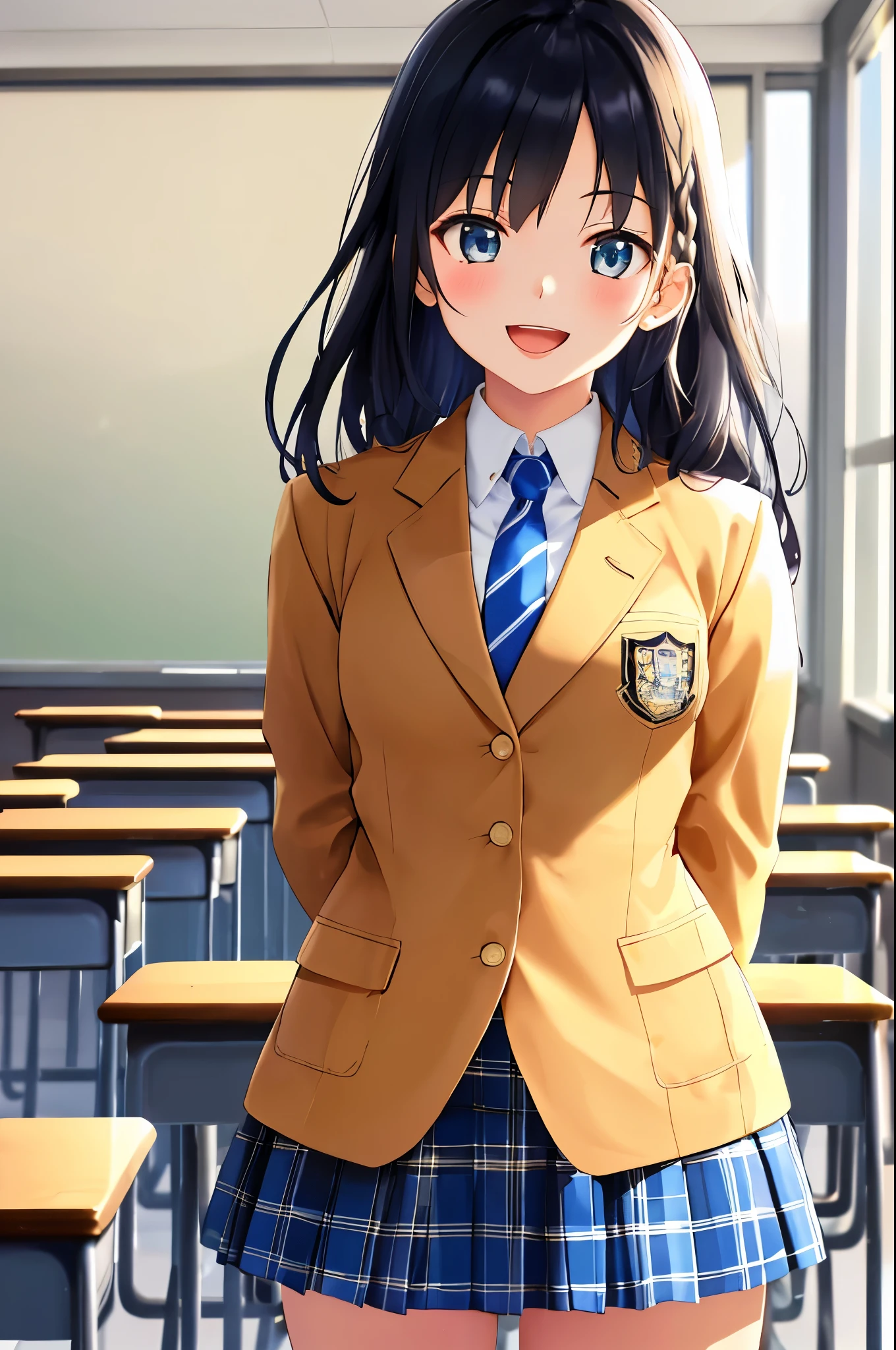 masterpiece, best quality, absurdres, perfect anatomy, 1girl, solo, high school student ,black hair,braid hair, school uniform, camel blazer,buttoned blazer, blue striped tie, blue plaid skirt, thigh, standing, arms behind back ,classroom , open mouth,cowboy shot, glossy lips ,smile ,medium breast ,