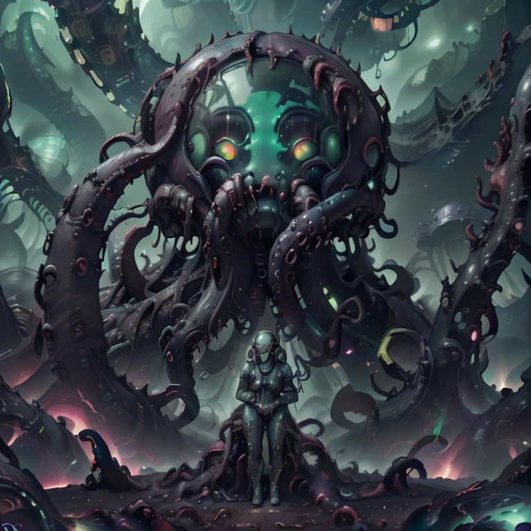 a dark yellow deformed monstrous entity, with a deformed human mask, yellow tentacles and bloody corpse, in the dark of the night, surrounded by dark yellow mist and tentacles, blood and darkness
