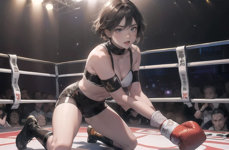 Slender, pretty high school girl in the ring, in a mixed martial arts match, mouth open, out of breath, exhausted, frantically thrusting her fists out at her opponent. Never-giving-up expression, short black hair, covered in sweat, small breasts, sports bra, open finger gloves. 