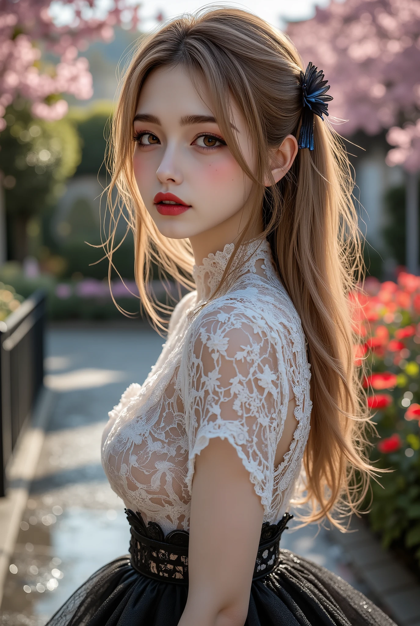  [Style: "masterpiece, realistic (Photorealistic realism), Hyper high resolution, (ultra quality, intricately detailed digital art), focus on extremely Realistic Proportion Body"] (Key Directive: - "The priority is the anatomical accuracy and texture of the materials" - "Ultra-sharp human eyes with biological accuracy") { Character: "20-year-old Caucasian woman" | Face: "full lips, red lipstick, intense gaze" | Eyes: - "((sharp focus, no blurry eyes, Hyper absurd quality, Hyper details, Hyper realistic brown eyes:1.4))" - "((extra narrow eyebrows))" - "(Carefully draw Long blue_mascara:1.2)" - "(perfect round eyes)" Attire: [Top: "White mesh lace bodycon dress[(Dolce & Gabbana, Embroidered floral lace style:1.26), (elegant fashion, intricate details:1.28)[Bottom: "Gothic punk style ruffled black skirt ((Intricately decorated, multi-layered lace with black spiderweb:1.3))(fluorescent embroidered lace texture, shine and shine:0.6)"] Environment: "garden street at sunset (((rain-slick cobblestones), colorful flowers, cherry blossoms))" | Lighting: - "Cinematic clarity and global illumination")(Post-Processing: "Specifications: (DPF: "deep, f/1.8, distinct garden in the background") (Post-production: "chromatic aberration: 0.7") (Rendering engine: "Unreal Engine 5 path tracing, 16K texture maps") (Rendering engine: "Unreal Engine 5 path tracing, 16K texture maps") The ultra-Highres,Unreal 5,Subsurface scattering,PBR Texturing,Post-Processing,Anisotropic Filtering,depth of fields,Maximum Sharpness and Sharpness,multi-layered texture,Albedo and Specular maps,Surface Shading,Precise simulation of light-material interactions,perfectly proportions,Octane rendering,Two-tone illumination,Wide Aperture, low ISO, white balance, The rule of thirds }