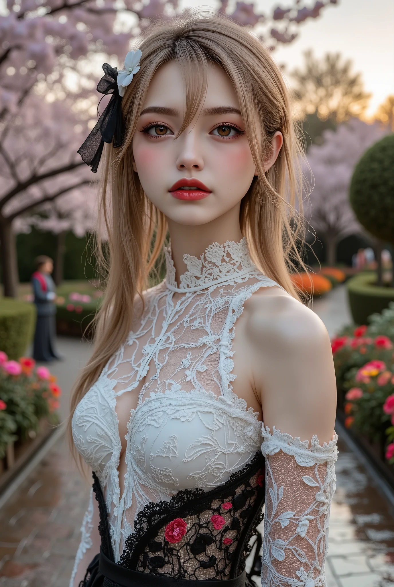  [Style: "masterpiece, realistic (Photorealistic realism), Hyper high resolution, (ultra quality, intricately detailed digital art), focus on extremely Realistic Proportion Body"] (Key Directive: - "The priority is the anatomical accuracy and texture of the materials" - "Ultra-sharp human eyes with biological accuracy") { Character: "20-year-old Caucasian woman" | Face: "full lips, red lipstick, intense gaze" | Eyes: - "((sharp focus, no blurry eyes, Hyper absurd quality, Hyper details, Hyper realistic brown eyes:1.4))" - "((extra narrow eyebrows))" - "(Carefully draw Long blue_mascara:1.2)" - "(perfect round eyes)" Attire: [Top: "White mesh lace bodycon dress[(Dolce & Gabbana, Embroidered floral lace style:1.26), (elegant fashion, intricate details:1.28)[Bottom: "Gothic punk style ruffled black skirt ((Intricately decorated, multi-layered lace with black spiderweb:1.3))(fluorescent embroidered lace texture, shine and shine:0.6)"] Environment: "garden street at sunset (((rain-slick cobblestones), colorful flowers, cherry blossoms))" | Lighting: - "Cinematic clarity and global illumination")(Post-Processing: "Specifications: (DPF: "deep, f/1.8, distinct garden in the background") (Post-production: "chromatic aberration: 0.7") (Rendering engine: "Unreal Engine 5 path tracing, 16K texture maps") (Rendering engine: "Unreal Engine 5 path tracing, 16K texture maps") The ultra-Highres,Unreal 5,Subsurface scattering,PBR Texturing,Post-Processing,Anisotropic Filtering,depth of fields,Maximum Sharpness and Sharpness,multi-layered texture,Albedo and Specular maps,Surface Shading,Precise simulation of light-material interactions,perfectly proportions,Octane rendering,Two-tone illumination,Wide Aperture, low ISO, white balance, The rule of thirds }