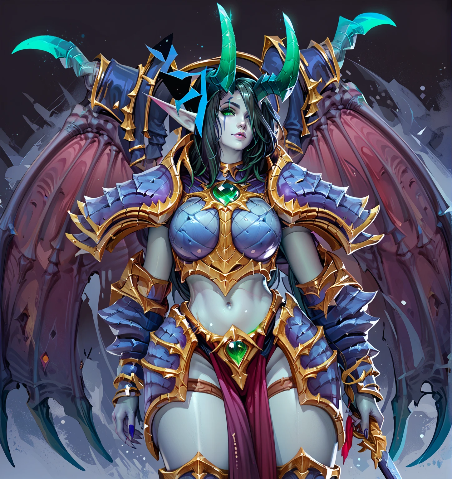 ((Bikini armor:1.2), beautiful succubus,belleza impresionante,belleza sensual y feroz, Dota2, imagen de alta calidad, curvas perfectas,mirada seductora y dominante):(1 mujer)
