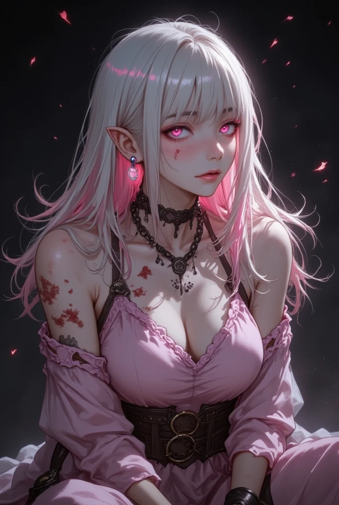 An adult female with pink skin with very thin fire horns protruding from the front of her forehead, ((hair on fire fire)) ((with baggy clothes style oriental rpg world)) (perfect human eyes) (perfectbody) work of art, best qualityer, (full viwer), bottom clean.