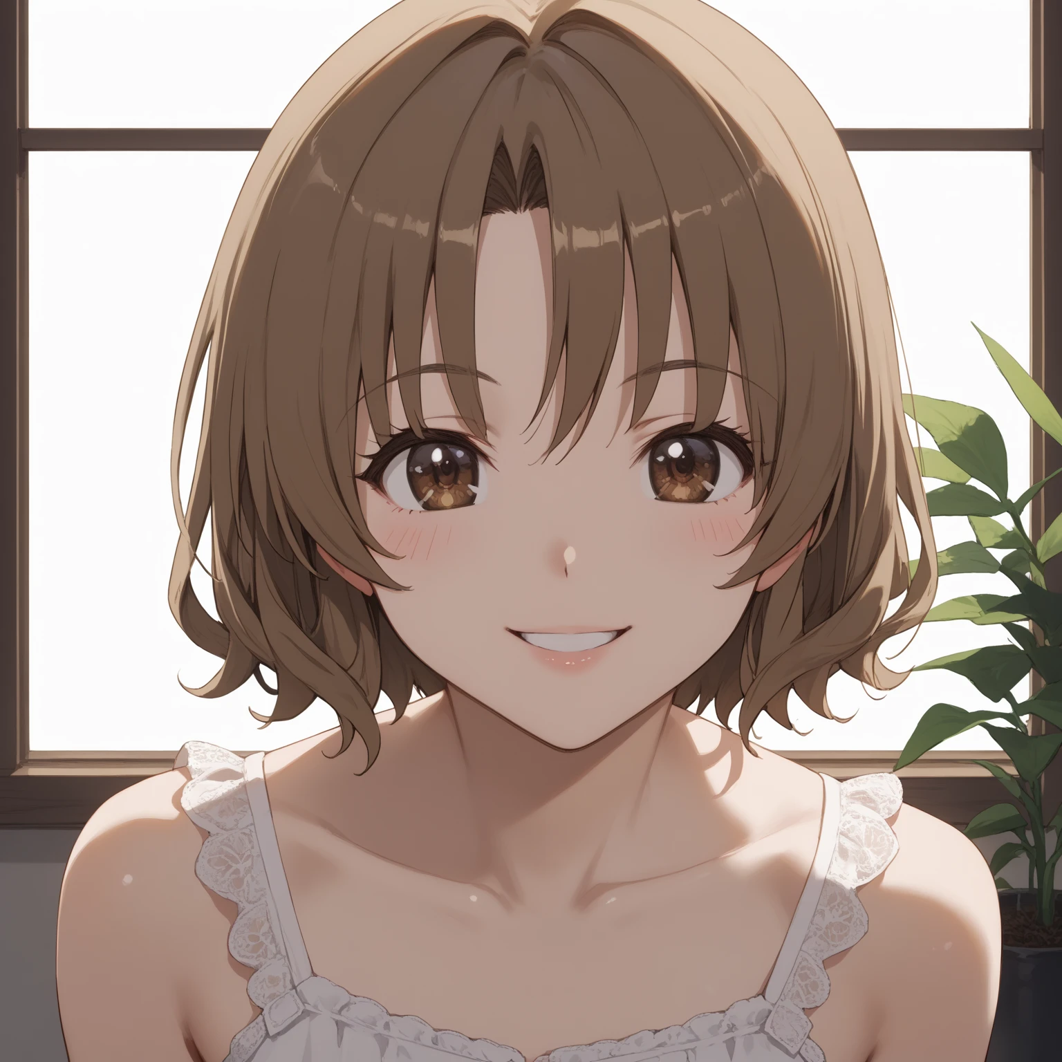 Highest quality, High resolution, masterpiece, (Beautiful Eyes), (Fine grain), Detailed face, kumiko oumae, Brown eyes, Brown Hair, short hair, Wavy Hair, smile, blush, indoor, bedroom, whiteいベッド, Looking back at the audience, (Arms behind head:1.5), (Wide pelvis:1.5), (white_bra:1.5), Upper Body, (From below), nsfw