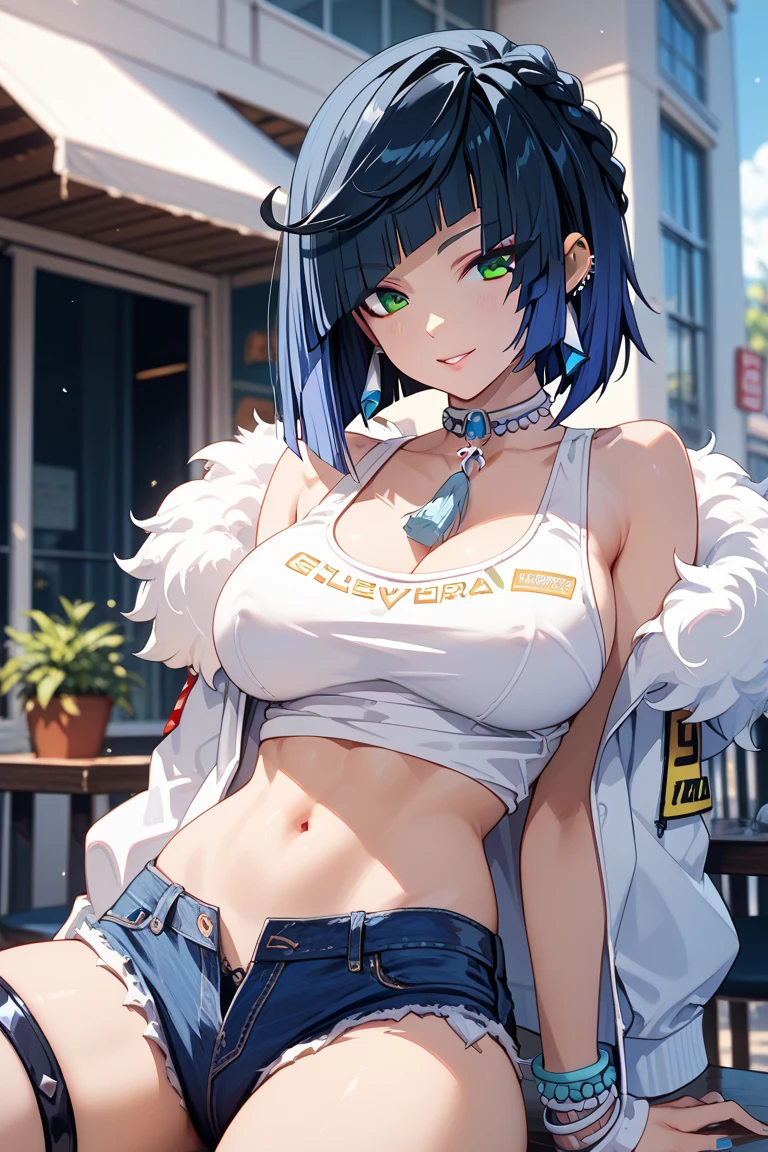 (masterpiece, best quality, ultra-detailed, illustration), genshin impact, kamisato_ayaka, 1girl, solo, hip hop hat ,cowboy shot, ponytail, blunt bangs, blue eyes, evil smile, open mouth, eyebrows visible through hair, long hair, silver hair, ear piercing, looking at viewer, outoors, city road, on the road, medium breasts, short jeans, crop top, cool jacket, stocking, hip hop, sexy pose, text on shirt, shorts, ear piercing, sun glasses, tighhigh, dollar symbol necklace,