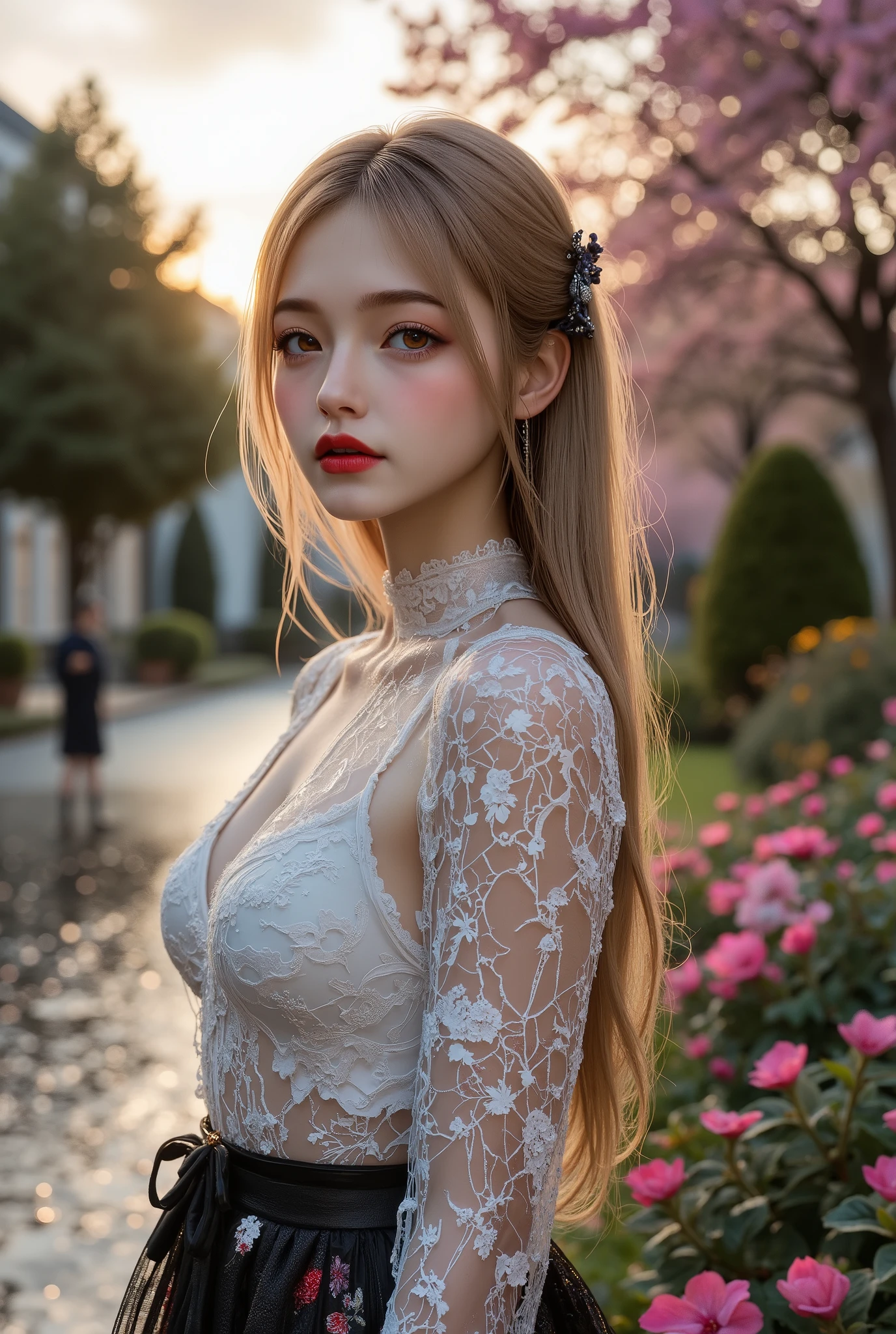  [Style: "masterpiece, realistic (Photorealistic realism), Hyper high resolution, (ultra quality, intricately detailed digital art), focus on extremely Realistic Proportion Body"] (Key Directive: - "The priority is the anatomical accuracy and texture of the materials" - "Ultra-sharp human eyes with biological accuracy") { Character: "20-year-old Caucasian woman" | Face: "full lips, red lipstick, intense gaze" | Eyes: - "((sharp focus, no blurry eyes, Hyper absurd quality, Hyper details, Hyper realistic brown eyes:1.4))" - "((extra narrow eyebrows))" - "(Carefully draw Long blue_mascara:1.2)" - "(perfect round eyes)" Attire: [Top: "White mesh lace bodycon dress[(Dolce & Gabbana, Embroidered floral lace style:1.26), (elegant fashion, intricate details:1.28)[Bottom: "Gothic punk style ruffled black skirt ((Intricately decorated, multi-layered lace with black spiderweb:1.3))(fluorescent embroidered lace texture, shine and shine:0.6)"] Environment: "garden street at sunset (((rain-slick cobblestones), colorful flowers, cherry blossoms))" | Lighting: - "Cinematic clarity and global illumination")(Post-Processing: "Specifications: (DPF: "deep, f/1.8, distinct garden in the background") (Post-production: "chromatic aberration: 0.7") (Rendering engine: "Unreal Engine 5 path tracing, 16K texture maps") (Rendering engine: "Unreal Engine 5 path tracing, 16K texture maps") The ultra-Highres,Unreal 5,Subsurface scattering,PBR Texturing,Post-Processing,Anisotropic Filtering,depth of fields,Maximum Sharpness and Sharpness,multi-layered texture,Albedo and Specular maps,Surface Shading,Precise simulation of light-material interactions,perfectly proportions,Octane rendering,Two-tone illumination,Wide Aperture, low ISO, white balance, The rule of thirds }