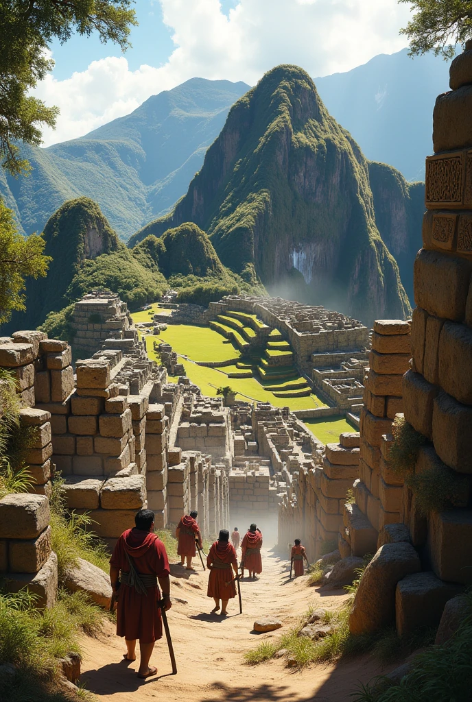 highest quality, masterpiece, Ultra-high resolution, (Actual:1.4), Original photo, 8k, 1 naked girl, completely nude, exquisite makeup, perky breasts, shiny white skin, Bright and beautiful, dark brown hair, earrings, necklace, high heels, full body shot, standing, scape of Historic Sanctuary of Machu Picchu, Peru