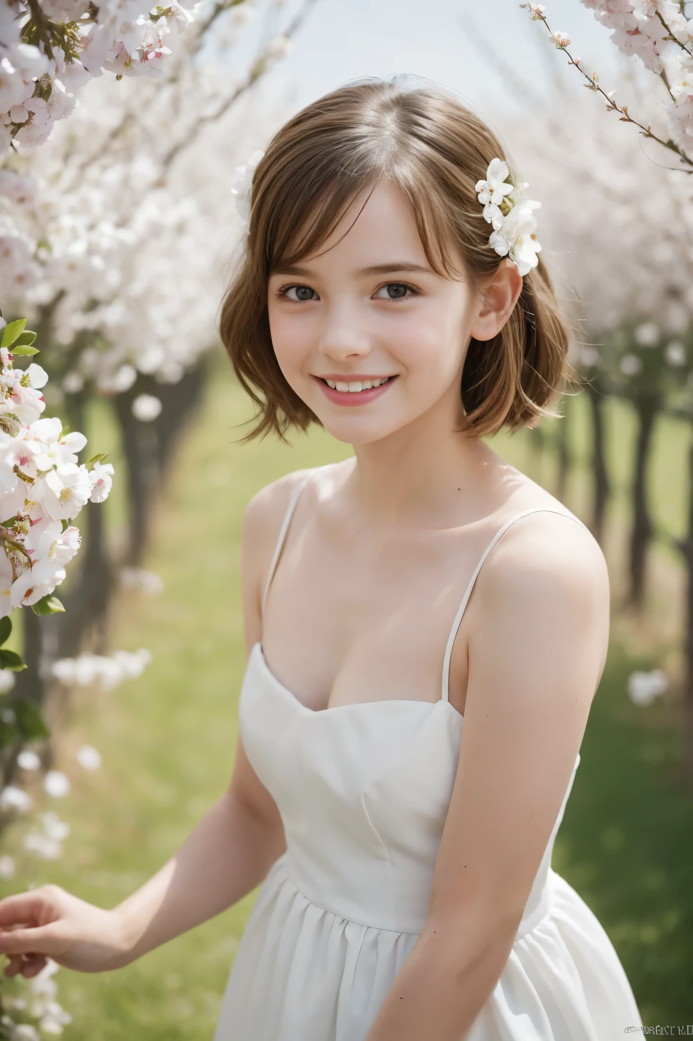 Masterpiece, Best quality, 8k, 18 ans, Photo brute, absurdes, Award-winning portrait, sourire, sourire, pure, french, elegant vibrant pink dress, spring, orchard in bloom, laces, famous singer, cute, sitting