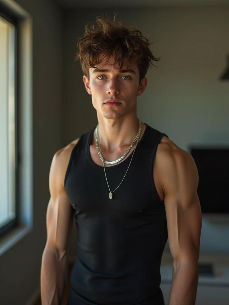 Femboy, black tank top, bulge in black short shorts,