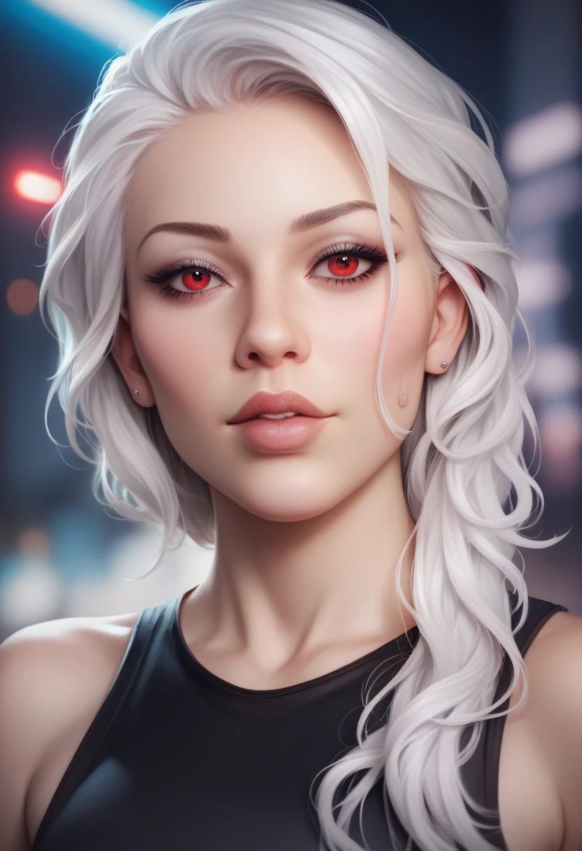 masterpiece, best quality, extremely detailed, cinematic lightning, intricate detail, highres, official art, finely detailed beautiful face and eyes, high resolution illustration, 8k, depth of field, bokeh, solo, 1girl, a girl with white hair and red eyes, long white hair, beautiful red eyes, beautiful landscape, rainy city, upper body, looking at viewer, close up