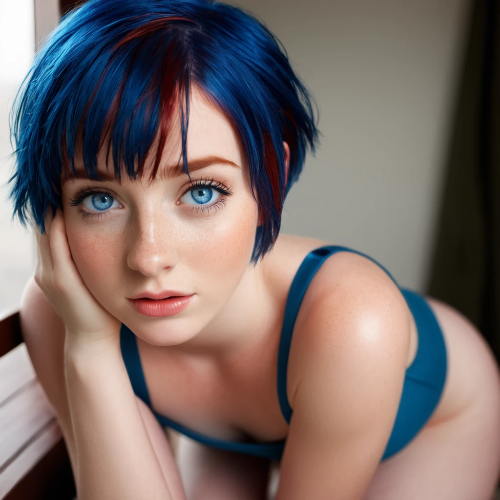 (complex parts: little Emma Watson "(character in realistic human style, woman has big Blue eyes and blue hair, solo 1 girl 18 years old, naked torso, blue hair, Cute, symmetrical face, covered nipples, firm breasts, ((slim build)), Young woman, beak made of pockmarked cat ears, white very short and thin crop top, (black short), I'm looking at the viewer, panties, Medium breasts, Blue eyes, short hair, armor, very sexy)" flirts with the camera, vulgar, pain, scream, wet