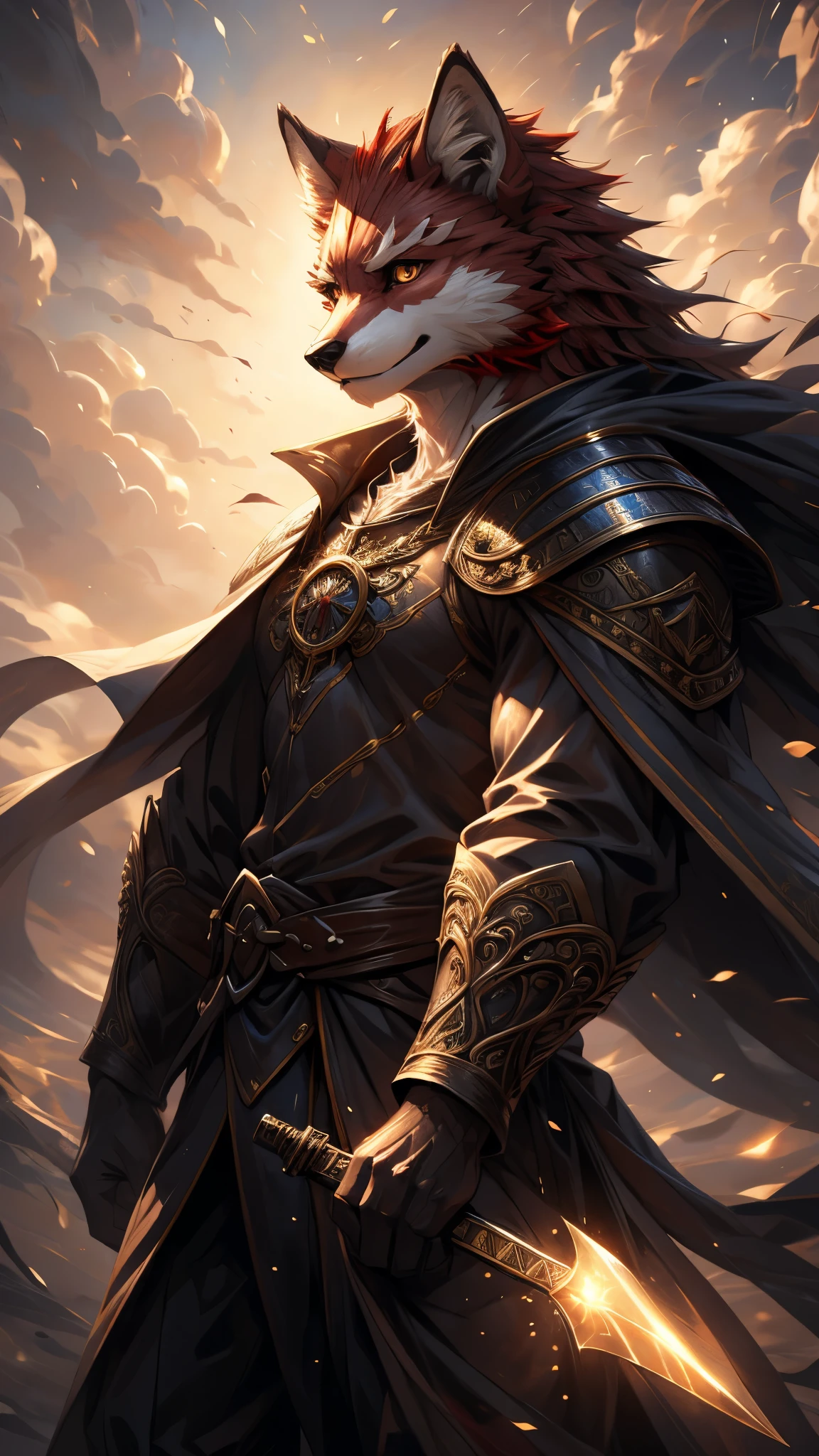 A full-body illustration of a furry art character inspired by Diederich from the game Knight College, drawn in a high-quality anime style, The character is a muscular anthropomorphic wolf with red-white fur, (Realistic eye details 1.2), sharp and authoritative eyes, and a confident yet elegant expression, He wears a highly detailed knight’s armor adorned with intricate engravings, gold and red accents, and a long flowing cape that billows majestically, His armor features ornate carvings that reflect the grace and grandeur of a noble warrior, He wields a massive sword with a complex design, its blade glowing with a mystical blue-gold energy, and its hilt adorned with a radiant gemstone, The background showcases a grand medieval castle bathed in the golden hues of a dramatic sunset, casting a warm glow on his armor, creating an epic lighting effect. Winds swirl around the character, causing his cape and hair to flow elegantly, The illustration is in a highly detailed anime style, featuring a rich and harmonious color palette, cinematic lighting effects, and finely textured details to create a breathtaking and visually stunning masterpiece, A close-up of highly detailed, realistic eyes in an anime-inspired furry art style, The eyes are sharp, vibrant, and expressive, with rich color depth and natural reflections. The irises have a smooth gradient, and the pupils are well-defined, creating a lifelike and captivating gaze, Soft lighting and subtle highlights enhance clarity, making the eyes stand out vividly