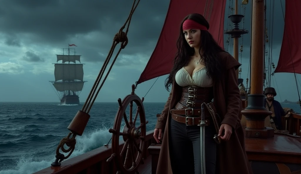 (masterpiece:1.2), (best quality,:1.2), 8k, ultra detailed, ((photorealistic)), fantasy, professional light, cinematic lighting, ambient lighting, face lighting, Bridgette, <lora:Bridgette-10:1>, 30 years old, as pirate goddess, choker, necklace, earrings, dark lipstick, long and messy black hair, (portrait shot), dynamic pose, on deck of a pirate ship at sea, daytime, sunshine, <lora:pirates_of_the_caribbean_offset:1>, Pirates of the Caribbean, black underbust leather corset, red leather vest, white blouse with ruffles, red bandana