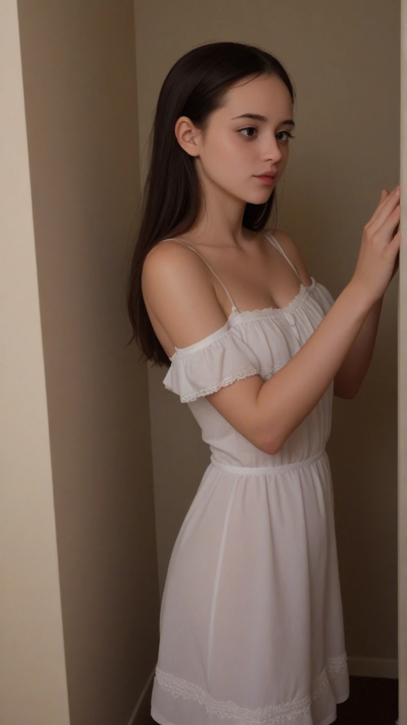 train, caught in strap, loose mini sleeveless dress in white linen, big, big, mini