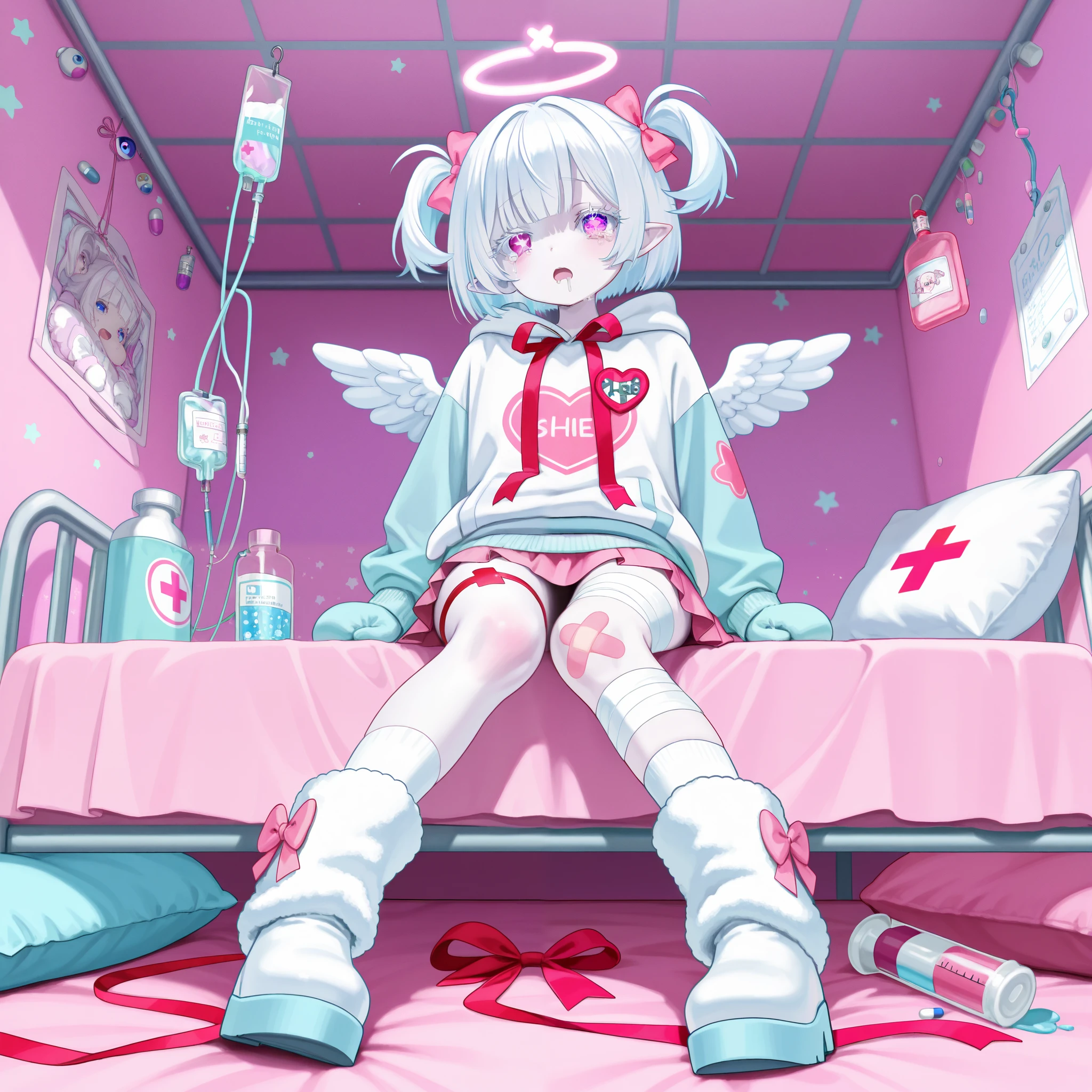 The girl is albino, she has white skin and slightly pointed ears, her eyes are indigo blue , and her eyelashes are white. She has short white hair short bob haircut and has small pigtails on the sides of her head. She is wearing a pastel pink/baby-blue/lilac oversized hoodie with long sleeves, white wool mini skirt,pastel pink/baby-blue/lilac and white socks and leggings with a set of badges, white ugg boots,mittens,bandages on the thigh.  She belongs to the Yamikawaii subculture, so her outfit is decorated with small bandaged wounded angel wings, symbols of medical crosses, eyeballs, hearts, stars, pills,medical bottles, ampoules with medicines, IV drip with tubes , dental models, band-aids, and toy syringes. On the background: a cute pastel pink/baby-blue/lilac medical ward with medical bed surrounded by plush pillows and open empty gift boxes, ribbons hang from the ceiling. she lies on the bed, drooling and crying.