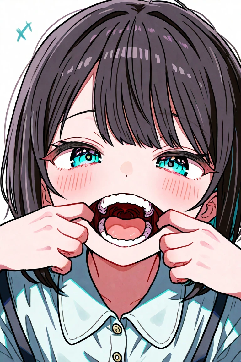 nsfw,1 girl,Solo,hair,(black hair:1),uvula,portrait,masterpiece, best quality, very aesthetic, absurdres,looking at viewer,split,(Black clothing),pov,open mouth,White Breath,shiny,gloss,heavy_breathing,mouth pull
