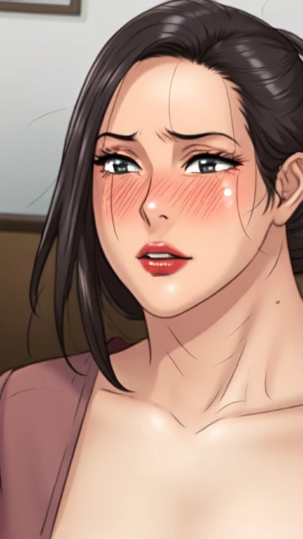 , hot milf mature pregnant milf sexy yu hee soft gently sex with ugly fat old man in face to face sex positions,black hair, necklace,  lipstick, tattoo ,curvy ,body charm, golden hoops earrings , jawline , braided hair with blue ribbon,black eyes, face,blushing,ahego face, screaming,hair between eyes