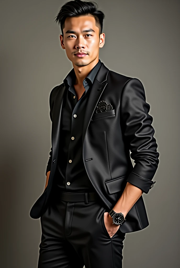 Create a realistic image of a young man, extremely slim and handsome, with light blonde hair, very short and combed to one side. The man has a cheerful and attractive expression, with honey-colored eyes that capture the light. He is completely shaved, without any trace of beard. He wears a thick silver chain around his neck.. The man is wearing a futuristic and stylish outfit that enhances his extremely slim figure., without bodybuilding, suitable for a president who created the event "Titans Legacy". Clothing must be modern, impressive and sophisticated, Designed to highlight your slim and stylized complexion. The man's hands are visible, posed naturally in front of him or to the sides, with a safe and relaxed posture. The background should be simple and neutral, allowing the main focus to be on the man's face, his futuristic clothing, and their facial details.