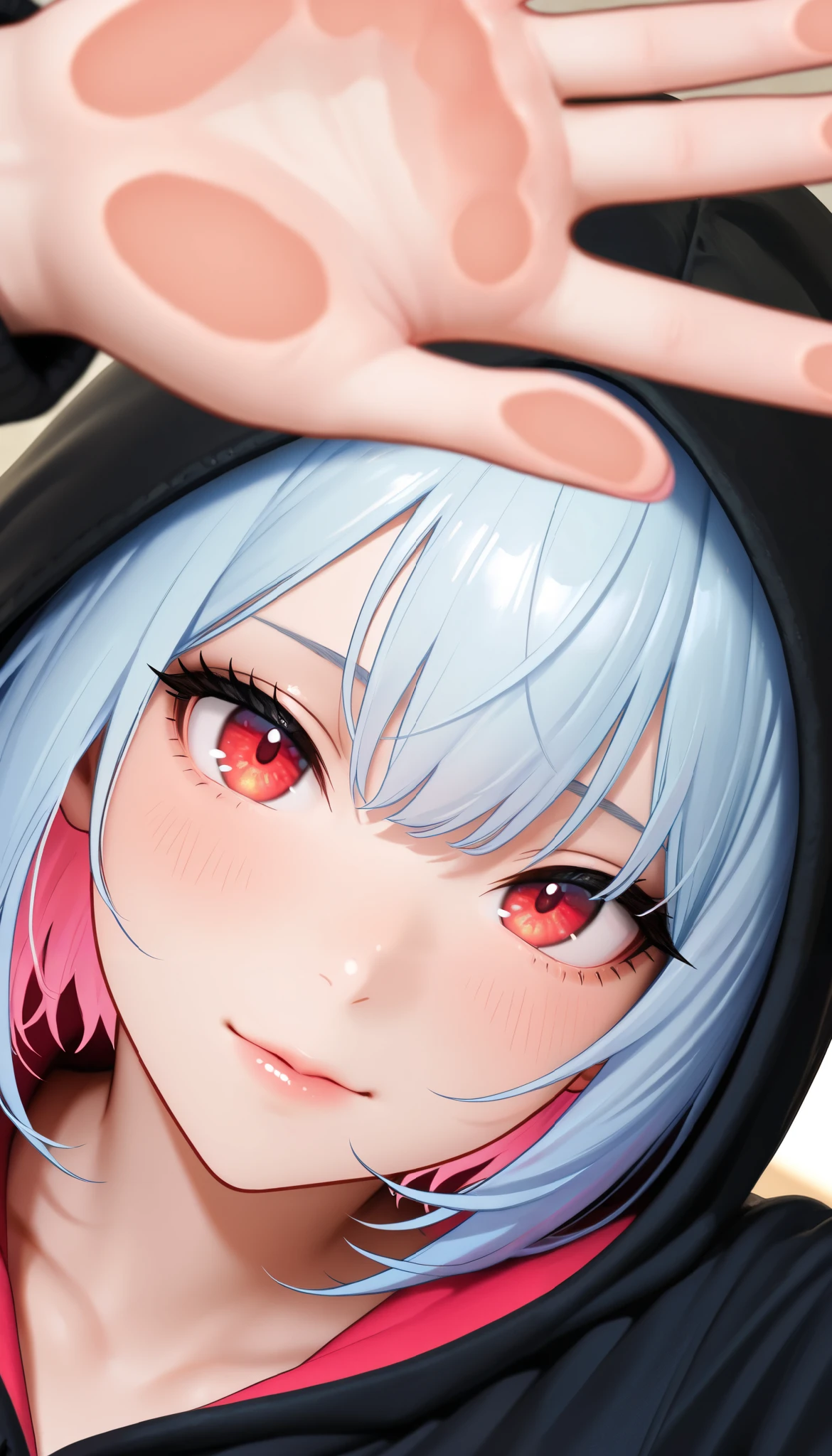 ( Ultra Detailed, masterpiece , top quality, 8k, very aesthetic, realistic and detailed CG , sharp concentration , Super Fine), close-up,zoom up,cute woman, (black hoodie with large dowels) beautiful eye detail, textured skin, beautiful skin on hands, Long Lashes, red eyes, round eyes), ( beautiful hair with great attention to detail , one eye is hidden by bangs, bob hair, Light Blue Hair Color,pink inner hair color ), ( sad, plump lips , ), ( thin lips, beautiful feet,)Press your forehead and palm against the glass,Collapse,Chamber of Secrets,Looking from below to above