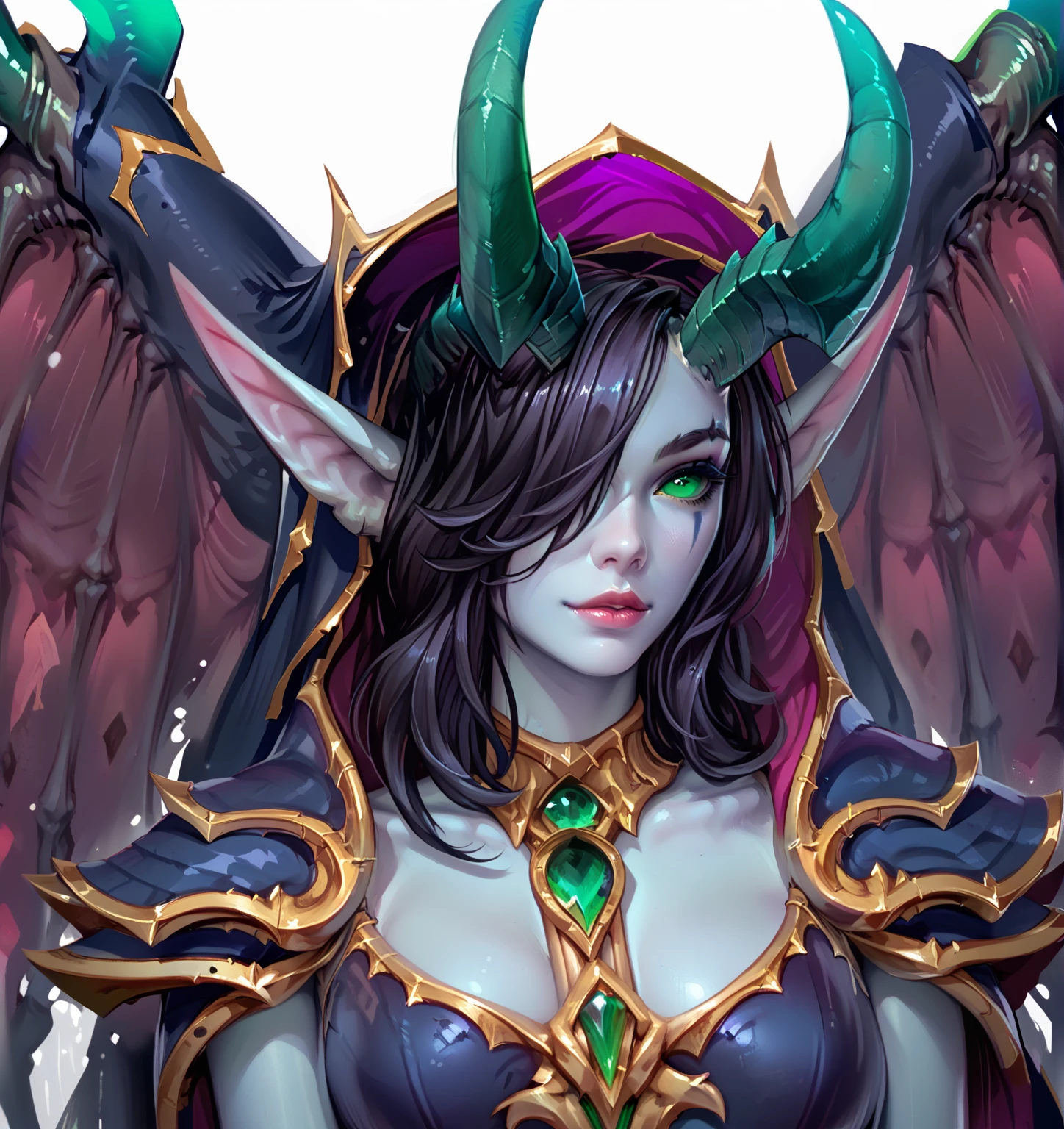 (1girl) (digital) (in detailed nature, (horns, armor, colored skin, monster girl, demon girl, tentacles, claws, drunk two-tone eyes eyetype)) , best quality, <lora:boldline:0.2> <lora:hairdetailer:0.2> slaanesh <lora:slaanesh:1>